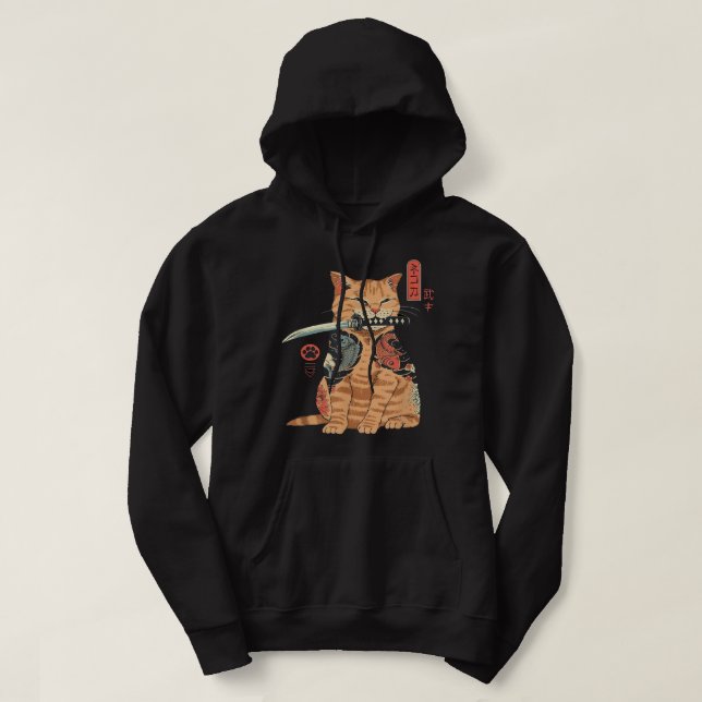 Japanese Samurai Ninja Cat Kawaii Tattoo Graphic Hoodie (Design vorne)