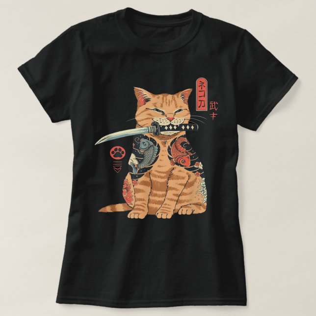 Japanese Samurai Ninja Cat Kawaii Tattoo Graphic T-Shirt (Design vorne)