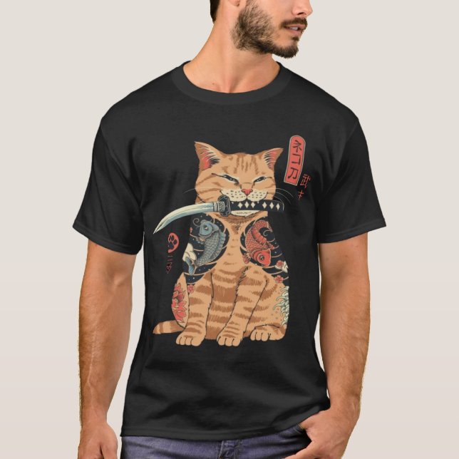 Japanese Samurai Ninja Cat Kawaii Tattoo Graphic T-Shirt (Vorderseite)