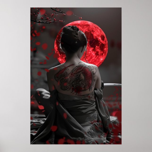 Japanese samurai woman with tattoo under full moon poster (Vorne)