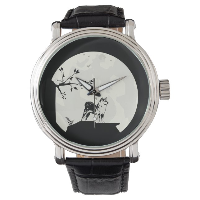 Japanese Shiba Inu Dog Full Moon Silhouette Armbanduhr (Vorderseite)