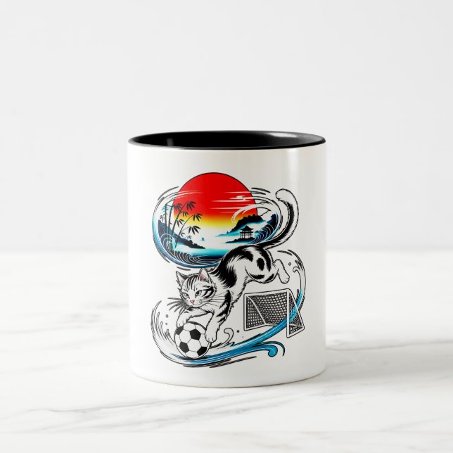 Japanese Soccer Cat Gift for Cat Lovers & Soccer F Zweifarbige Tasse (Mittel)