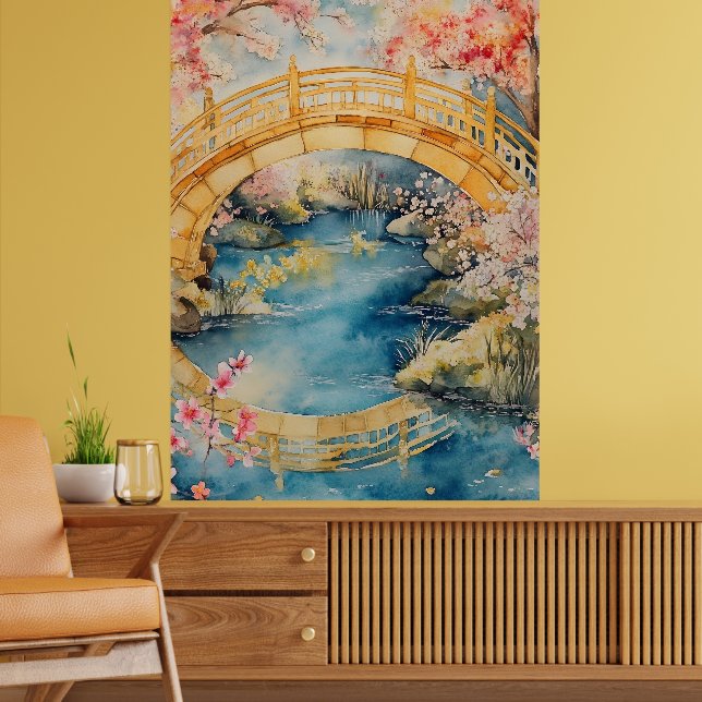 Japanese-style arched bridge spans a tranquil rive poster (Wohnzimmer 2)