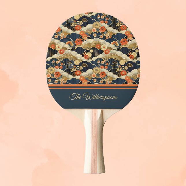 Japanese Style Retro Teal Floral and Clouds Print Tischtennis Schläger (Von Creator hochgeladen)