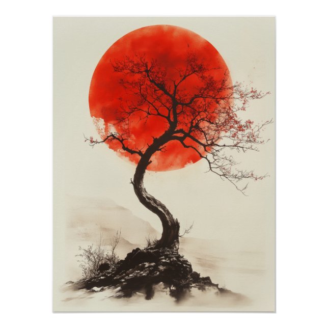 Japanese Sunset Tree - Red Sun Silhouette Art Poster (Vorderseite)