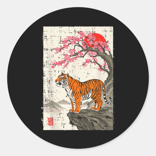 Japanese Tiger Cherry Blossoms Sakura Art Women Me Runder Aufkleber (Vorderseite)
