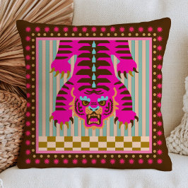 Japanese Tiger on Stripes& Checkered Pattern Funky Kissen