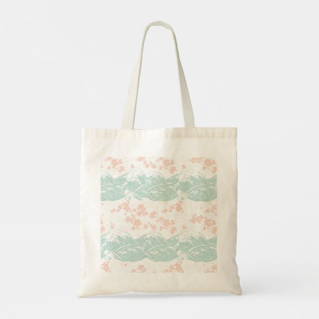 Japanese Ukiyo-e Wave and Cherry Blossom Tote Bag Tragetasche (Rückseite)