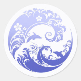 Japanese Wave & Hibiscus Blue Runder Aufkleber