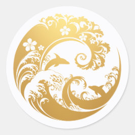 Japanese Wave & Hibiscus Gold Runder Aufkleber