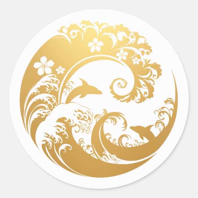 Japanese Wave & Hibiscus Gold  Runder Aufkleber (Vorderseite)