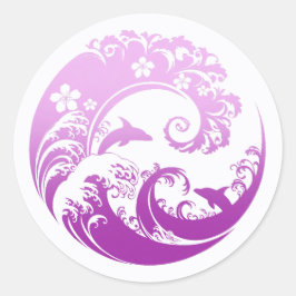 Japanese Wave & Hibiscus Purple Runder Aufkleber