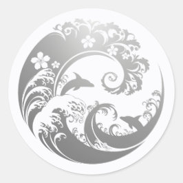 Japanese Wave & Hibiscus Silver Runder Aufkleber