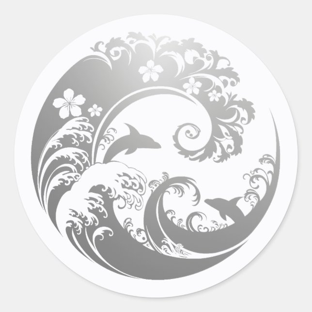 Japanese Wave & Hibiscus Silver Runder Aufkleber (Vorderseite)