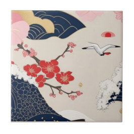 Japanese Waves and Blossoms Ceramic Tile - Piece 2 Fliese