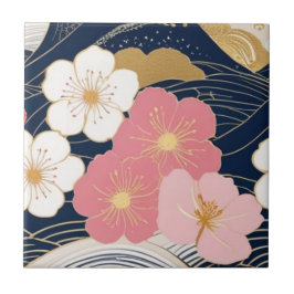Japanese Waves and Blossoms Ceramic Tile - Piece 3 Fliese