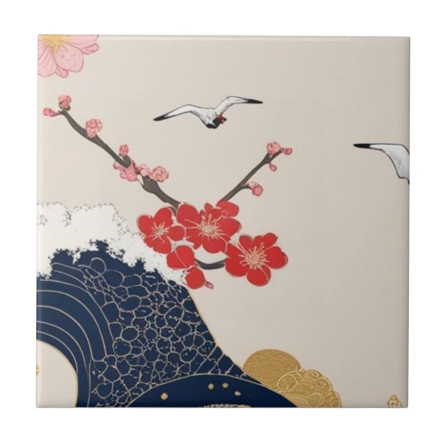Japanese Waves and Blossoms Ceramic Tile - Piece 4 Fliese (Vorderseite)