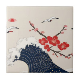 Japanese Waves and Blossoms Ceramic Tile - Piece 6 Fliese