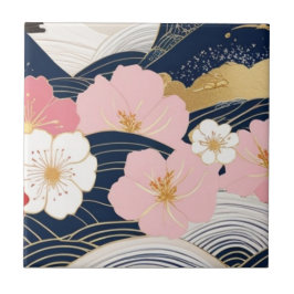 Japanese Waves and Blossoms Ceramic Tile - Piece 7 Fliese