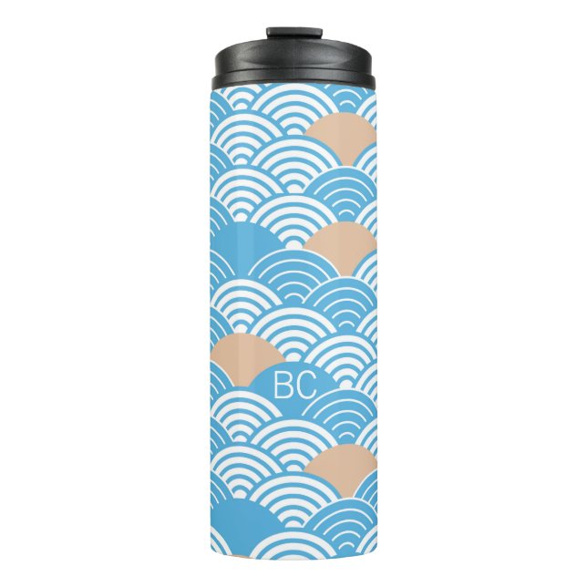 Japanese Waves Pattern Light Blue Beige Monograms Thermosbecher (Vorderseite)