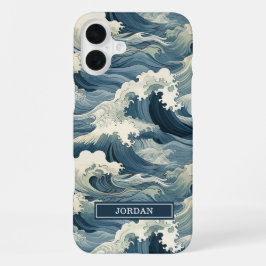 Japanese Waves Pattern Monogrammed iPhone 16 Plus Hülle