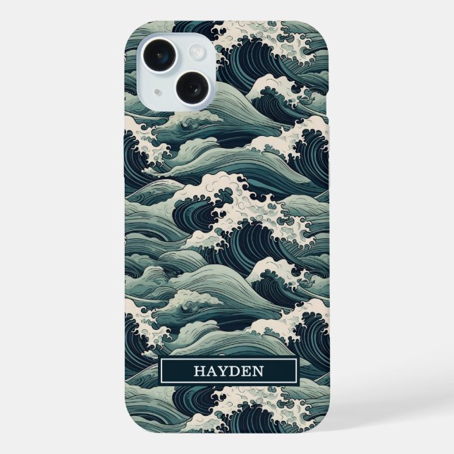 Japanese Waves Print Monogrammed iPhone Hülle (Rückseite)