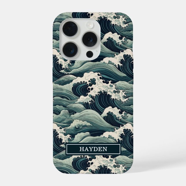 Japanese Waves Print Monogrammed iPhone Hülle (Rückseite)