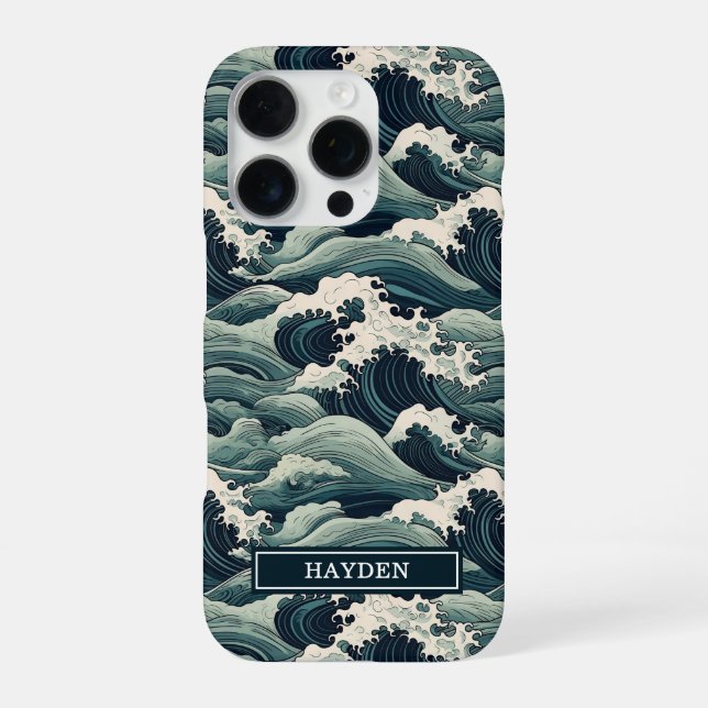 Japanese Waves Print Monogrammed iPhone Hülle (Rückseite)