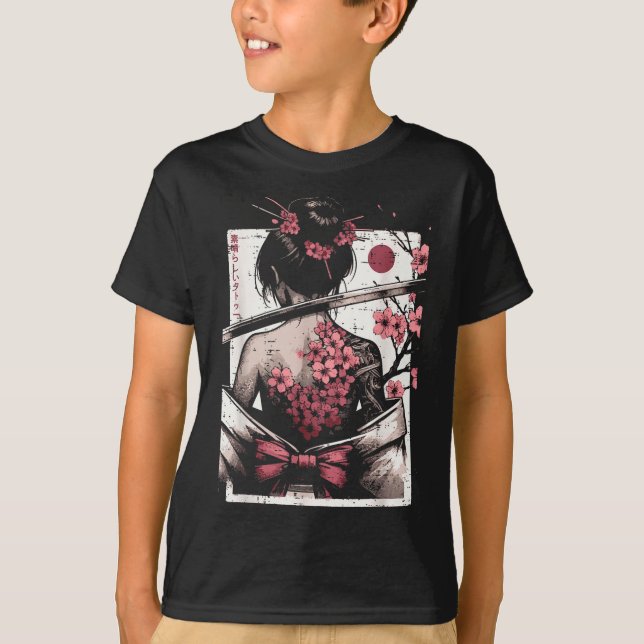 Japanese Woman Cherry Blossom Tattoo Art Geisha Wo T-Shirt (Vorderseite)