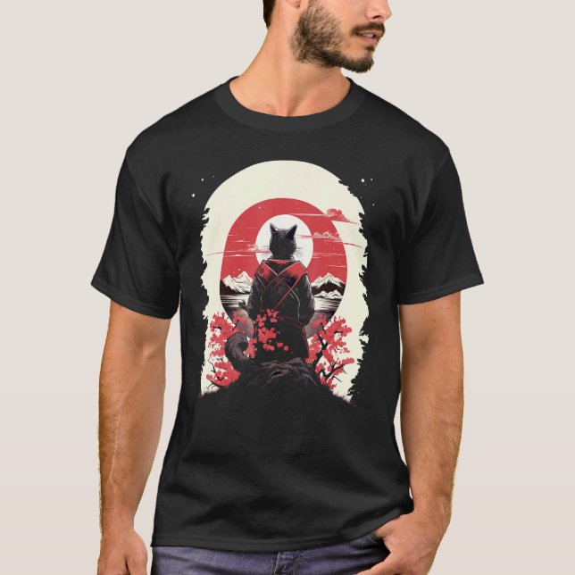 Japanisch Art Cat Ninja Ukiyo e Style Samurai Cat T-Shirt (Vorderseite)