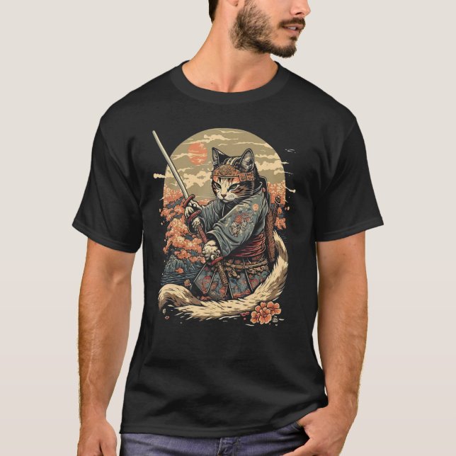 Japanisch Art Cat Ninja Ukiyo e Style Samurai Cat T-Shirt (Vorderseite)