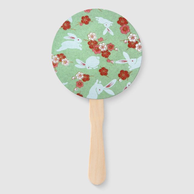 Japanisch Art Green Sakuras & Rabbits Hand Fan Fächer (Vorderseite)