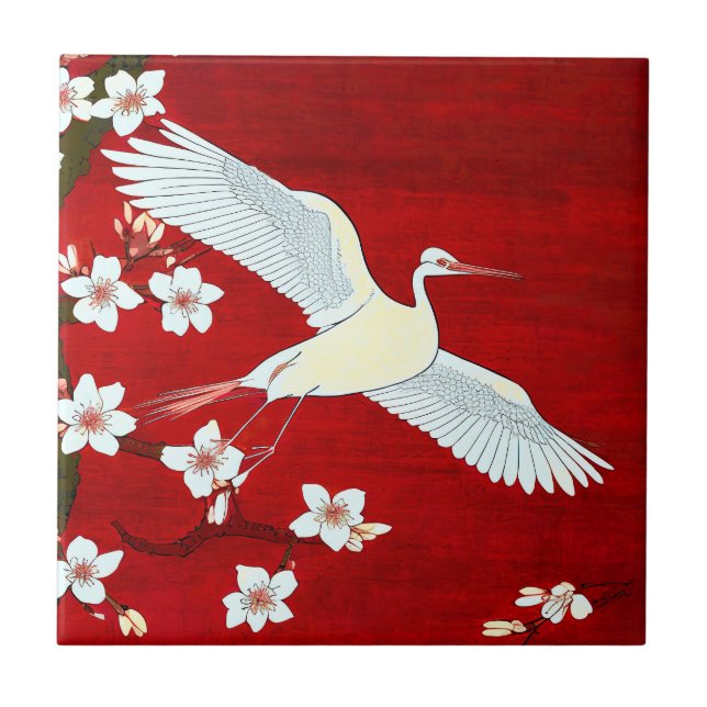 Japanisch Art Style White Crane Cherry Blossom Rot Fliese (Vorderseite)