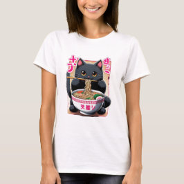 Japanisch Black Kitty Eating Ramen T-Shirt