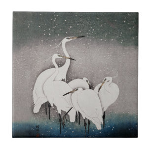 Japanisch Egrets Koson Cranes Winter Snow Fliese