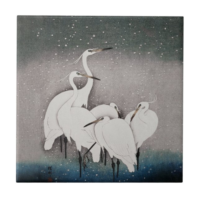 Japanisch Egrets Koson Cranes Winter Snow Fliese (Vorderseite)