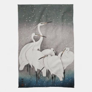 Japanisch Egrets Koson Cranes Winter Snow Geschirrtuch