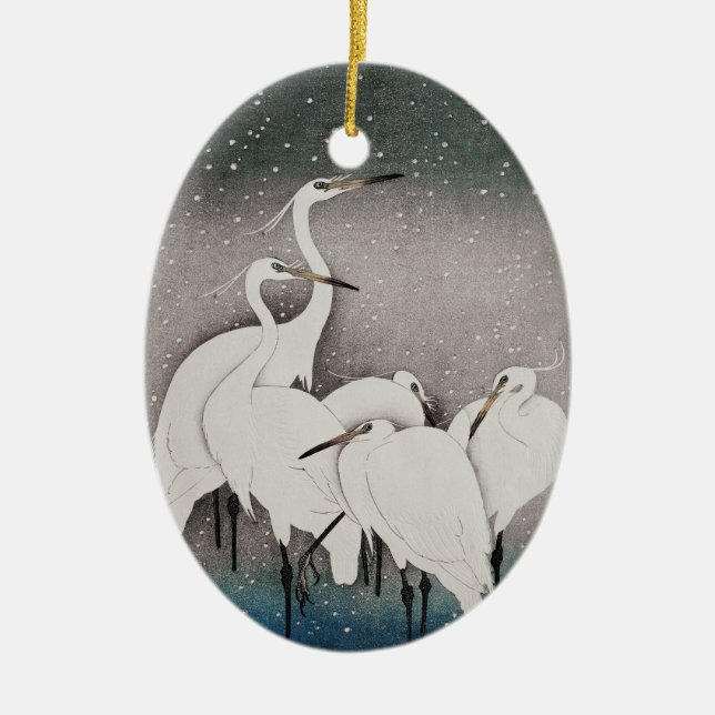 Japanisch Egrets Koson Cranes Winter Snow Keramik Ornament (Vorne)