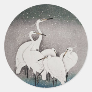Japanisch Egrets Koson Cranes Winter Snow Runder Aufkleber