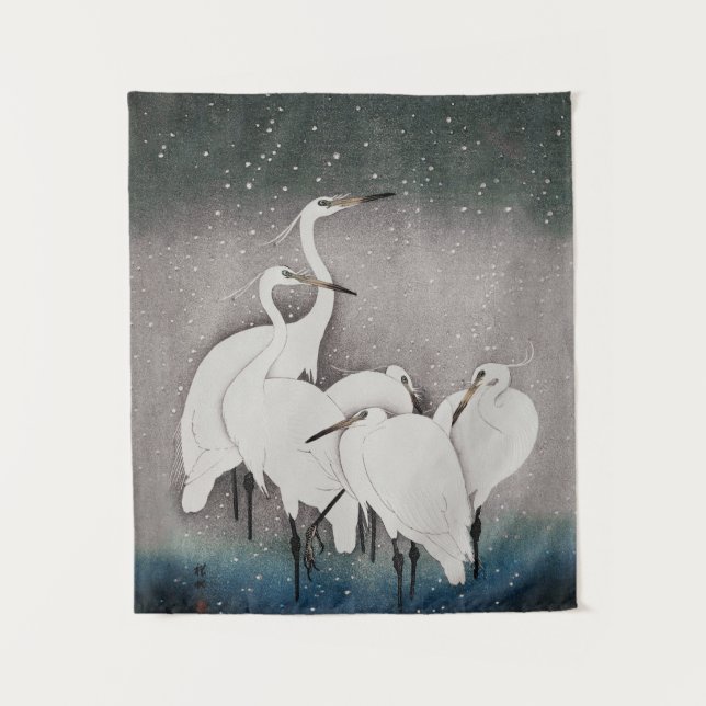 Japanisch Egrets Koson Cranes Winter Snow Wandteppich (Vorderseite)