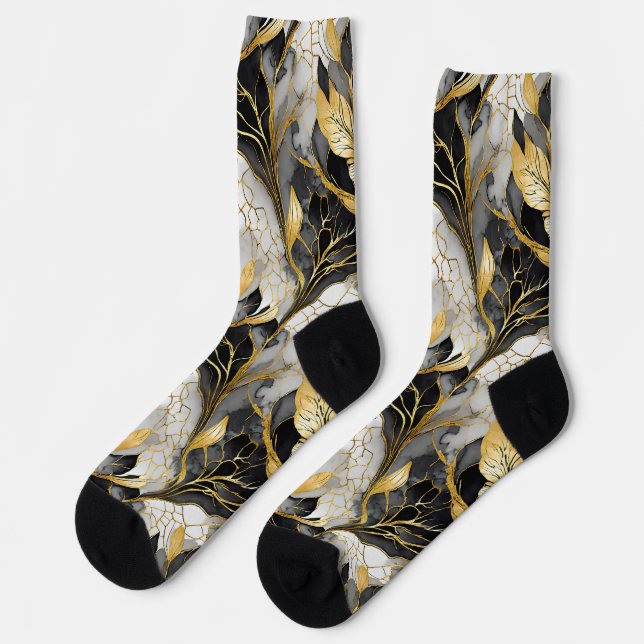 Japanisch Floral Black Gold Socken (Linkes Detail)