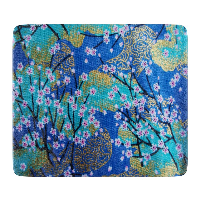 Japanisch Floral Cherry Blossom Gold Blue Schneidebrett (Vorderseite)