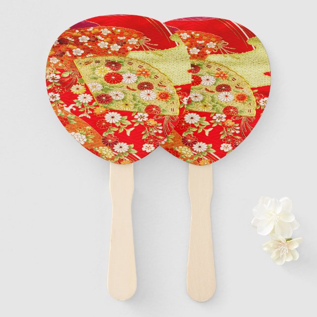 Japanisch Floral Cherry Blossom Gold Red Fächer (Vorne und Hinten)