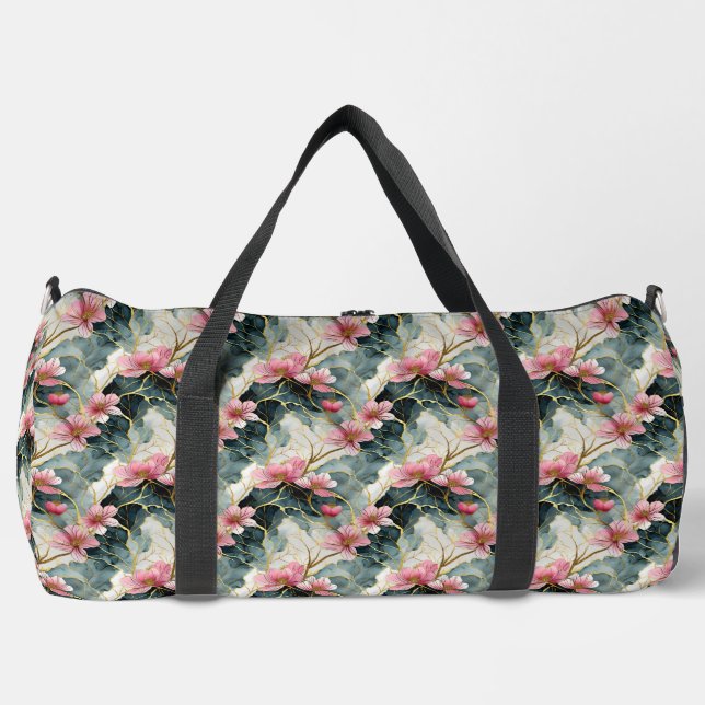 Japanisch, floral, rosa mit Gold Duffle Bag (Vorderseite)