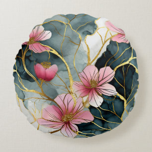 Japanisch, floral, rosa mit Gold Rundes Kissen
