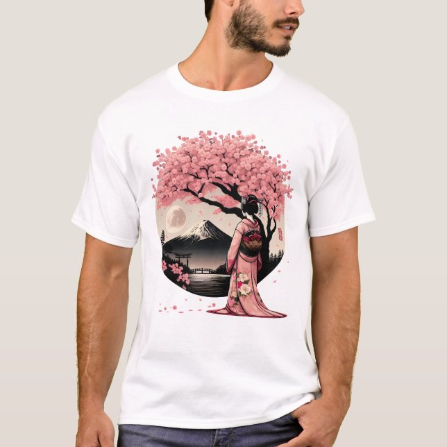 Japanisch Geisha Girl Kimono Fuji Mount Cherry T-Shirt (Vorderseite)