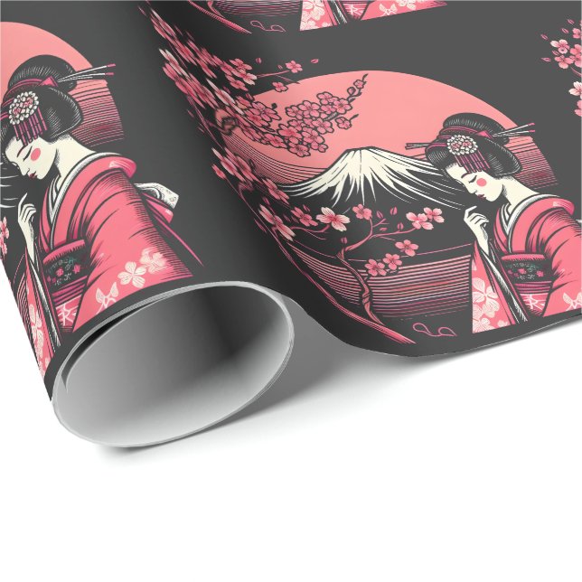 Japanisch Geisha Mount Fuji Cherry Blossom Trees Geschenkpapier (Rolleneckpunkt)