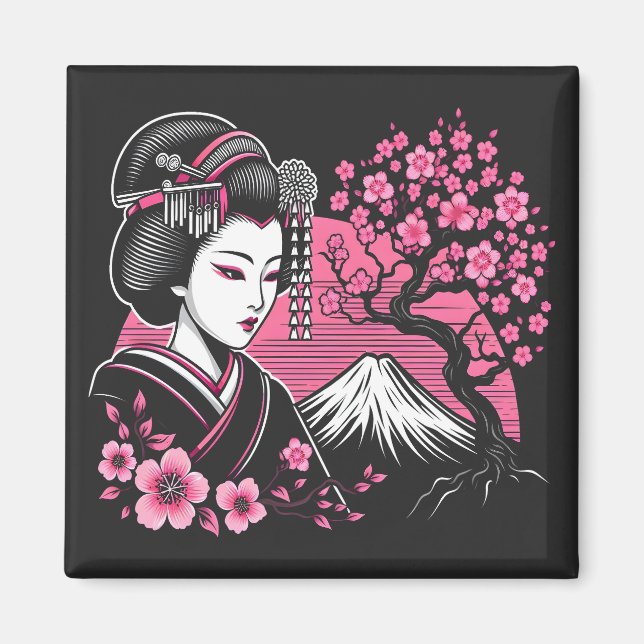 Japanisch Geisha Mount Fuji Japanisch Cherry Bloss Magnet (Vorne)
