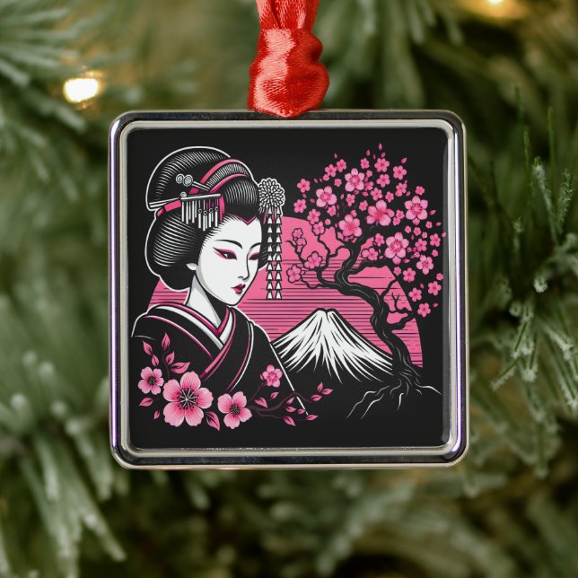 Japanisch Geisha Mount Fuji Japanisch Cherry Bloss Ornament Aus Metall (Baum)