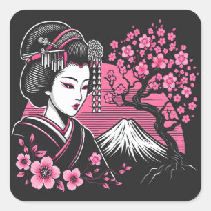 Japanisch Geisha Mount Fuji Japanisch Cherry Bloss Quadratischer Aufkleber